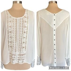 Double Zero Chiffon &‎ Lace Sheer White Blouse Studded Cuffs Sz Large Feminine